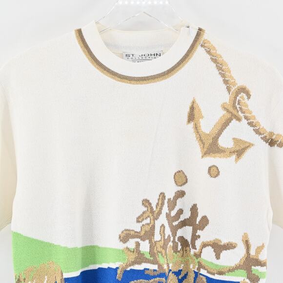 ST JOHN Sweater Womens Size MP Santana Knit Wool Blend Nautical Ocean Dog Show - Picture 2 of 11